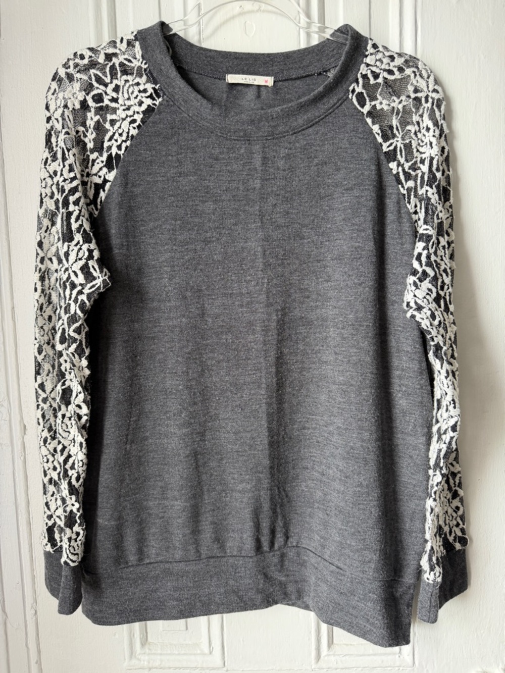 Le Lis Charcoal Gray Knit Top With Lace Designed Sleeves
